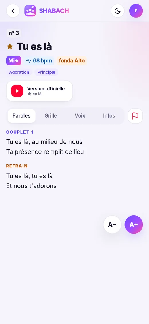 Fiche d'un chant (thème clair)