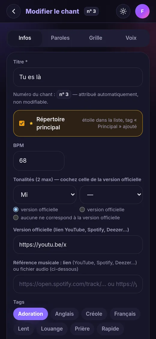 Espace responsable (thème sombre)