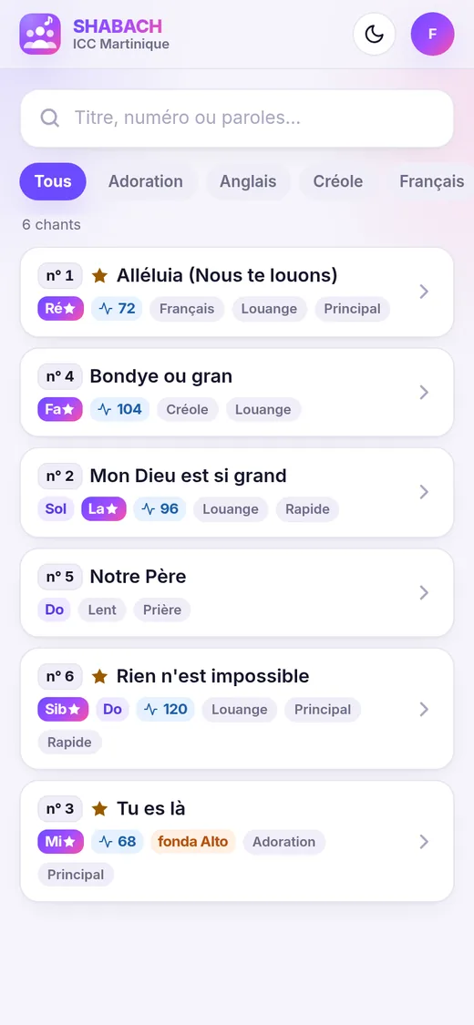 Liste des chants (thème clair)
